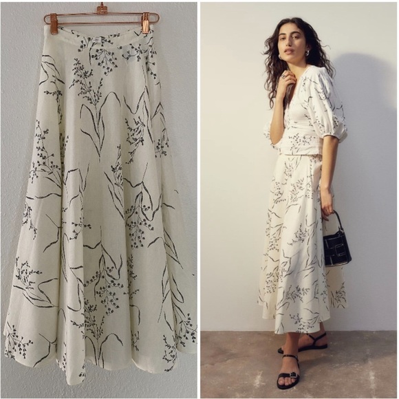 H&M Dresses & Skirts - H & M linen blend black and white floral midi circular skirt